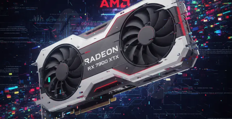 AMD Radeon GPU on a motherboard with subtle digital glitch effects.