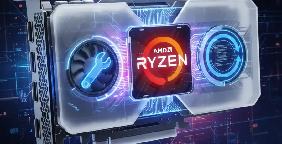 AMD Software Update Failed Fix guide interface shown on a high-end gaming PC screen.