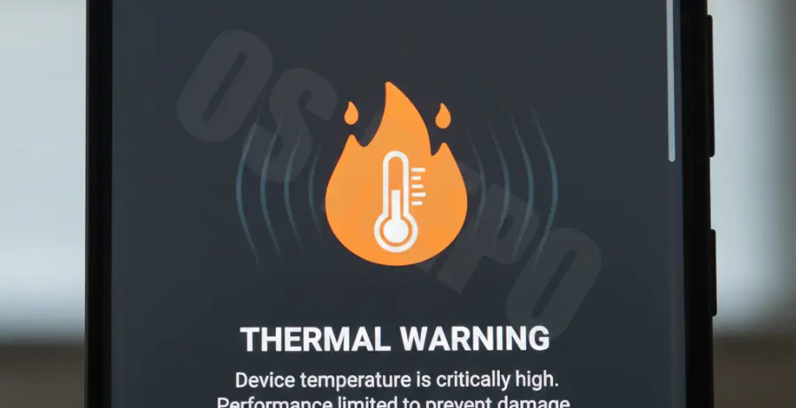 Android 15 overheating warning notification on a smartphone screen.