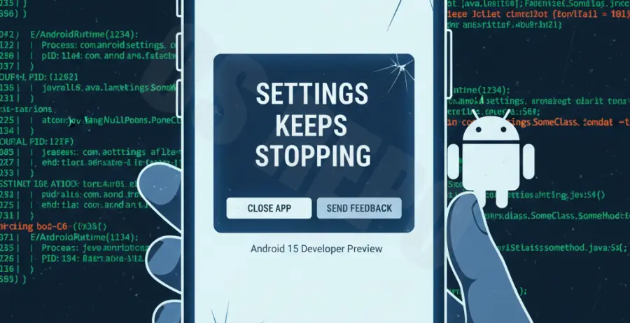 Android 15 Settings app keeps crashing error message on a smartphone screen.
