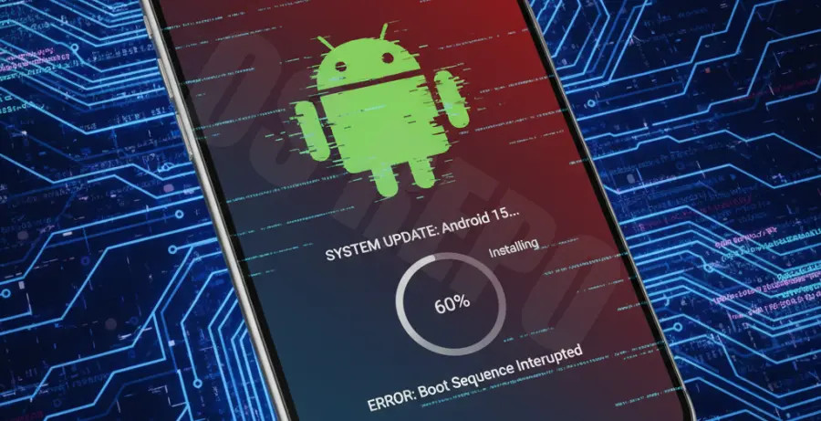 Smartphone stuck on the boot screen during an Android 15 system update installation.