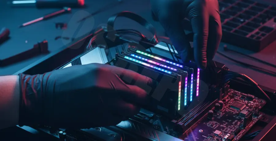 Technican installing new RAM modules to fix BIOS slow performance.