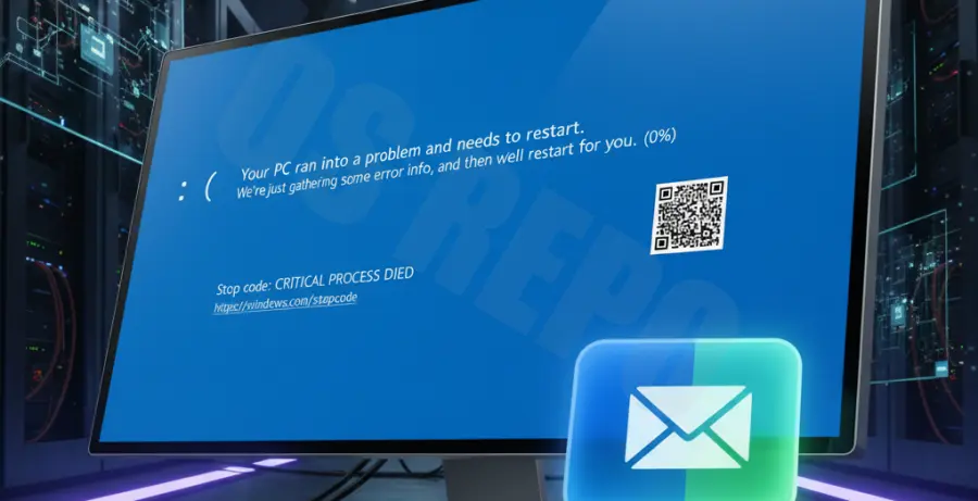 Illustration of a Windows Blue Screen of Death triggered by opening Outlook 365.