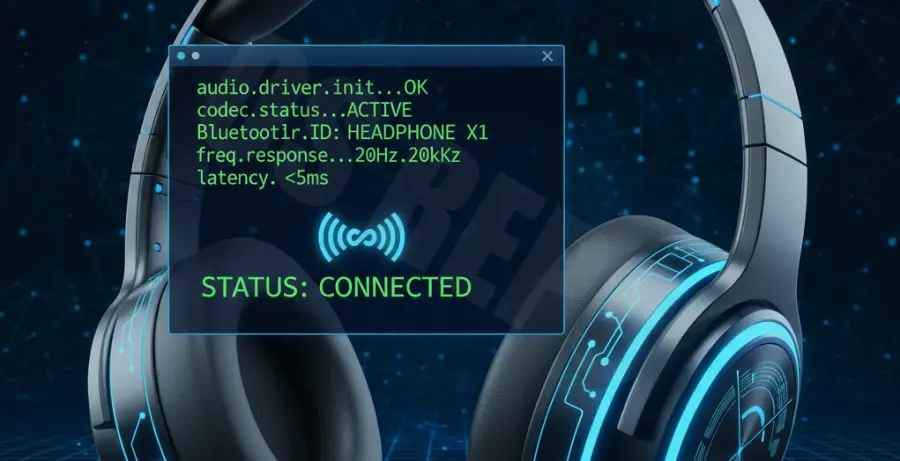 Diagnostic dashboard showing Bluetooth headphones connected but requiring an audio fix.