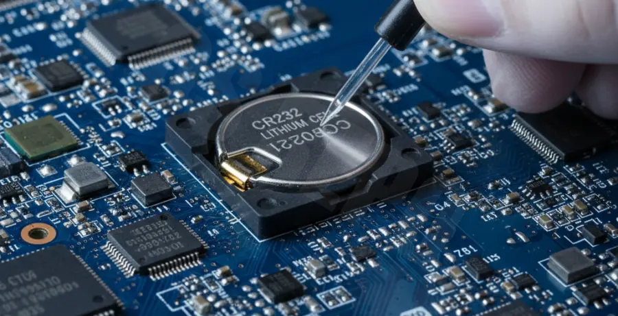 Technician removing a CMOS battery from a laptop motherboard to bypass a BIOS login screen.