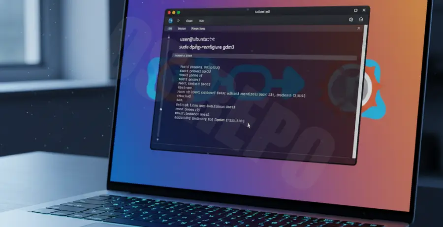 Command line interface showing the command to change display manager in Ubuntu 24.04.
