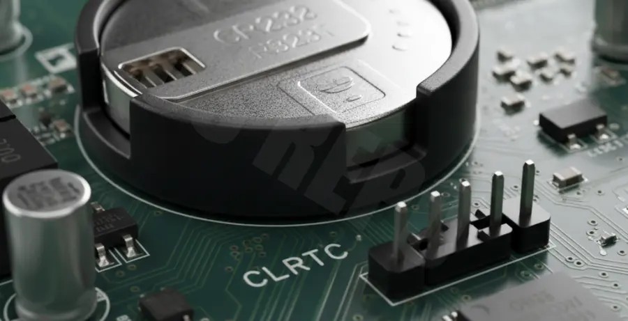 Close-up of a motherboard CMOS jumper and battery socket.