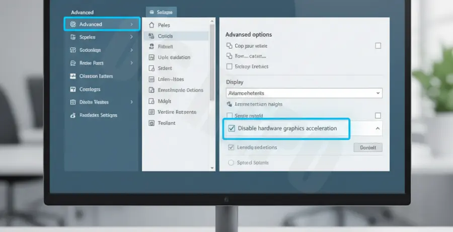 Screenshot of the Microsoft Excel Options menu under the Advanced tab highlighting the display settings for hardware acceleration.