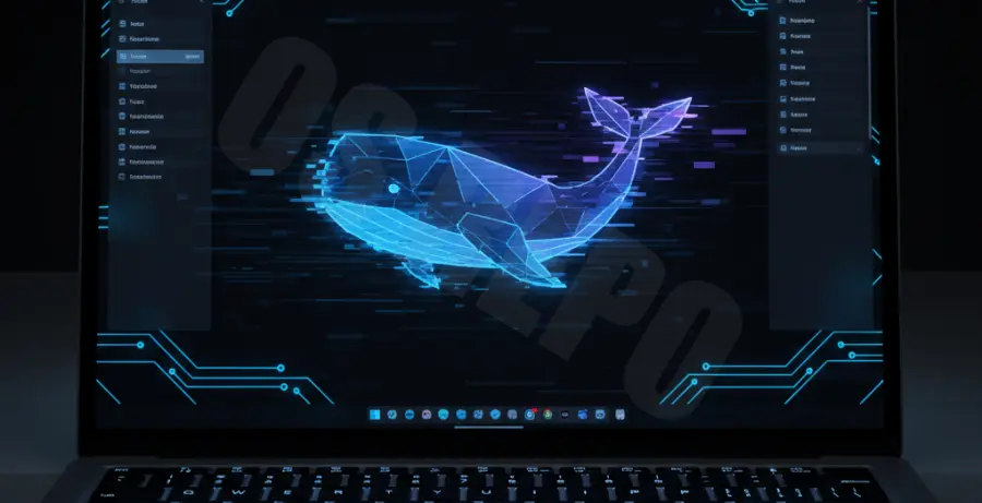 MacBook Pro screen showing Docker Desktop with visual flickering and glitches.
