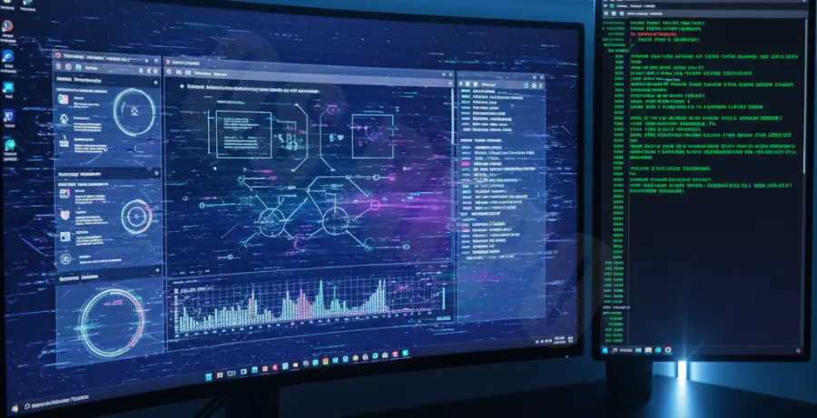 Technical illustration showing a Docker GUI application with screen flickering artifacts and a terminal window running troubleshooting commands.