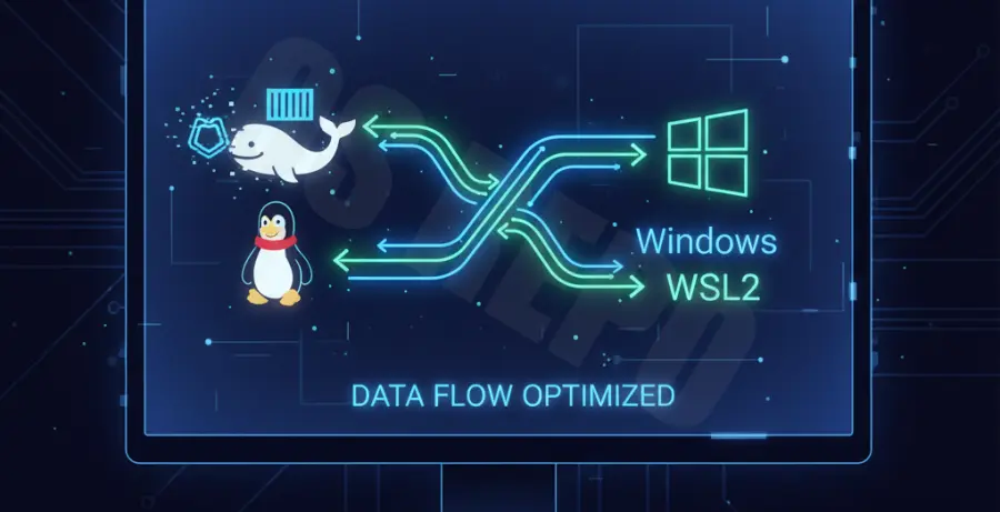 Technical diagram showing Docker and WSL2 communication with GWSLD X Server.