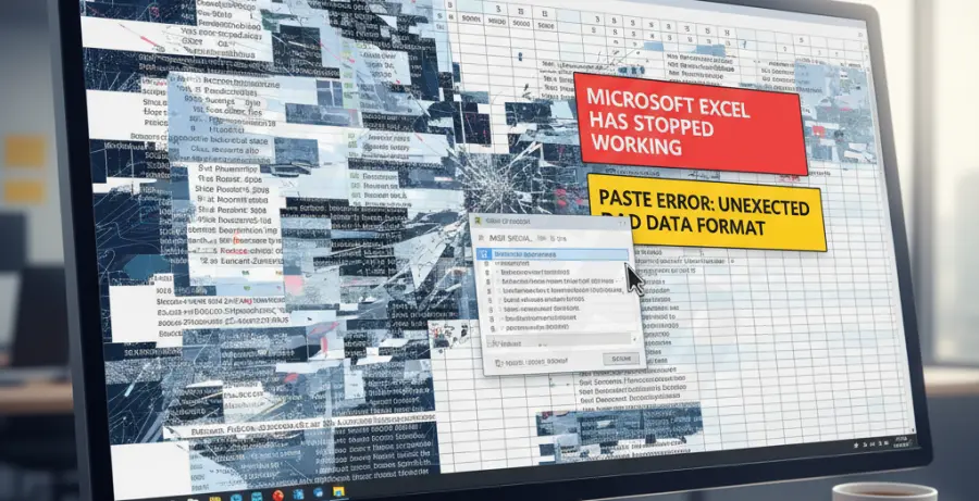 Excel 365 crashing to desktop during a copy and paste action on a laptop screen.