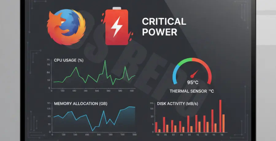 Firefox browser on a laptop screen with a low battery warning and performance diagnostic tools.
