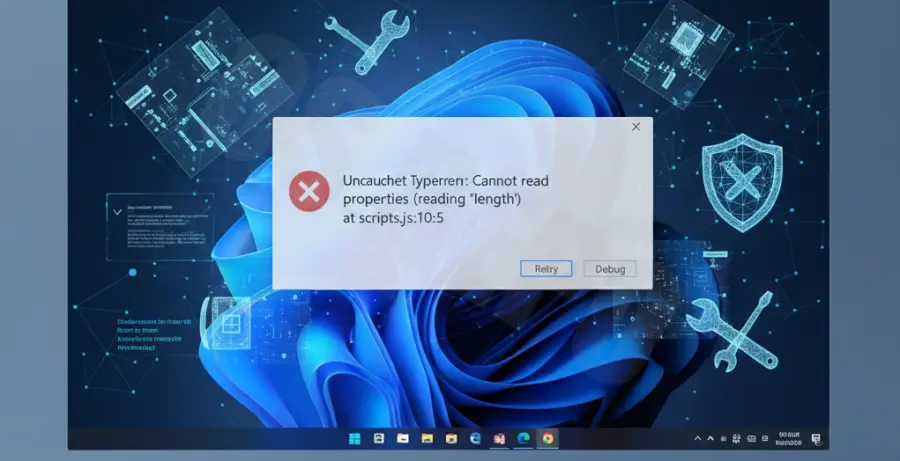 Windows dialog box showing a JavaScript error on startup with troubleshooting icons.