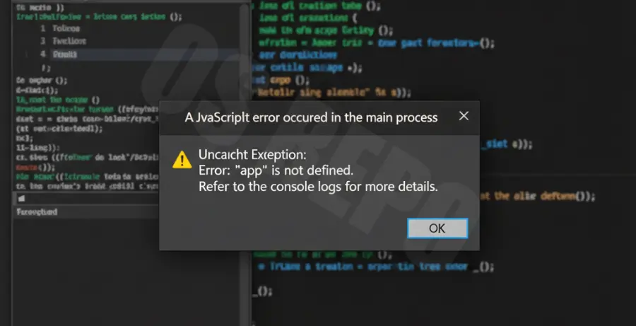 Screenshot showing a JavaScript runtime error dialog box in the main process during a software installation.