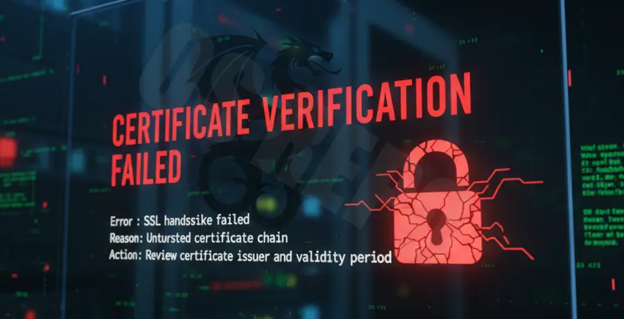 Kali Linux terminal showing certificate verification failed error with a broken padlock icon.