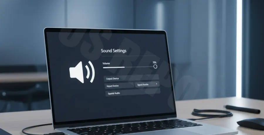 Laptop screen showing audio settings and sound troubleshooting steps.