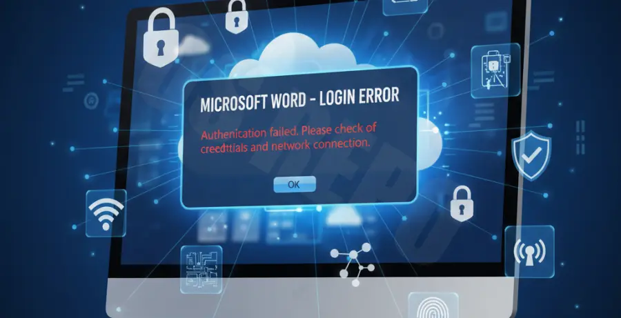 Screenshot showing the Microsoft Word login error another account from your organization is already signed in.
