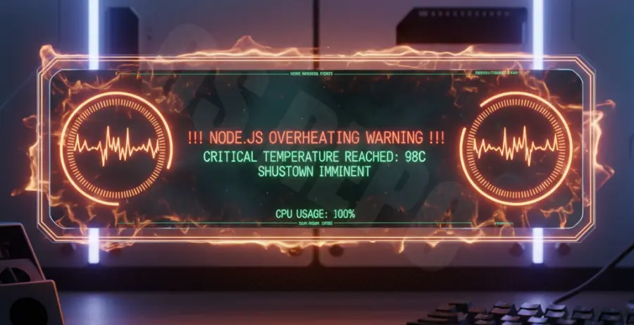 Screenshot of a terminal displaying high CPU usage and a Node.js overheating warning during development.
