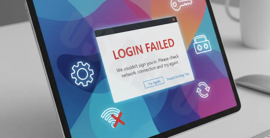 iPad displaying PowerPoint login error message with troubleshooting icons.