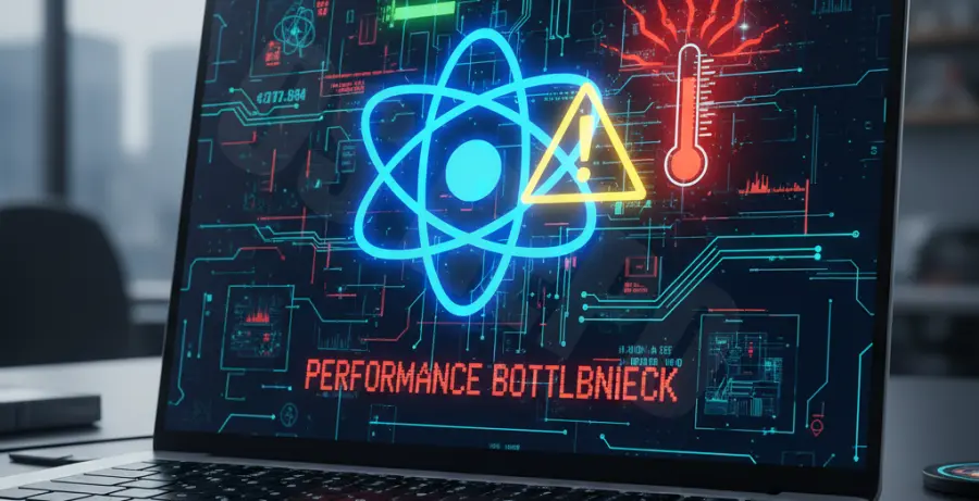 A laptop screen showing React code with an overheating warning symbol and performance optimization tools.