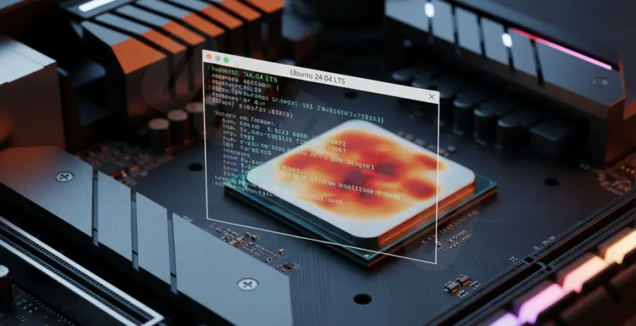 A technical illustration showing a Ryzen CPU overheating with Ubuntu 24.04 system monitoring tools in the background.