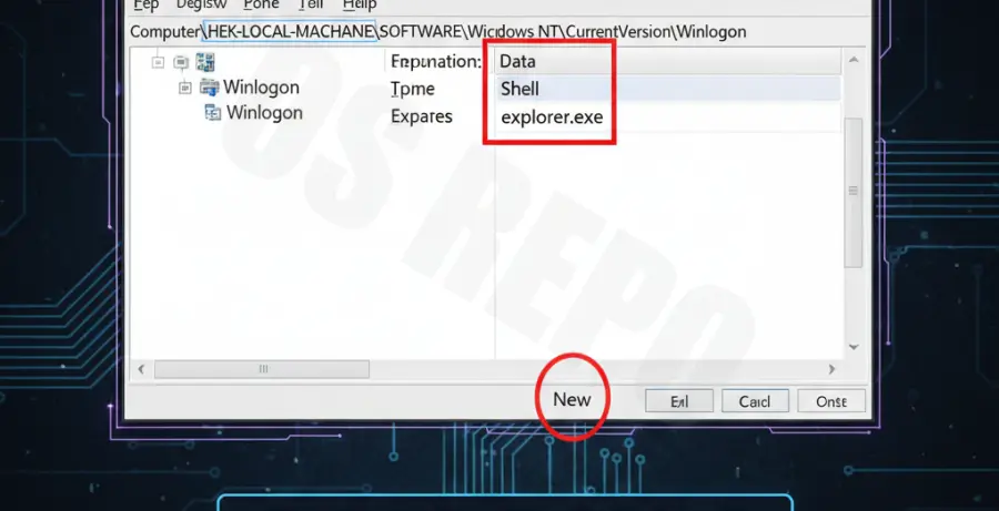 Windows 10 Registry Editor showing the Shell value entry to fix black screen errors.