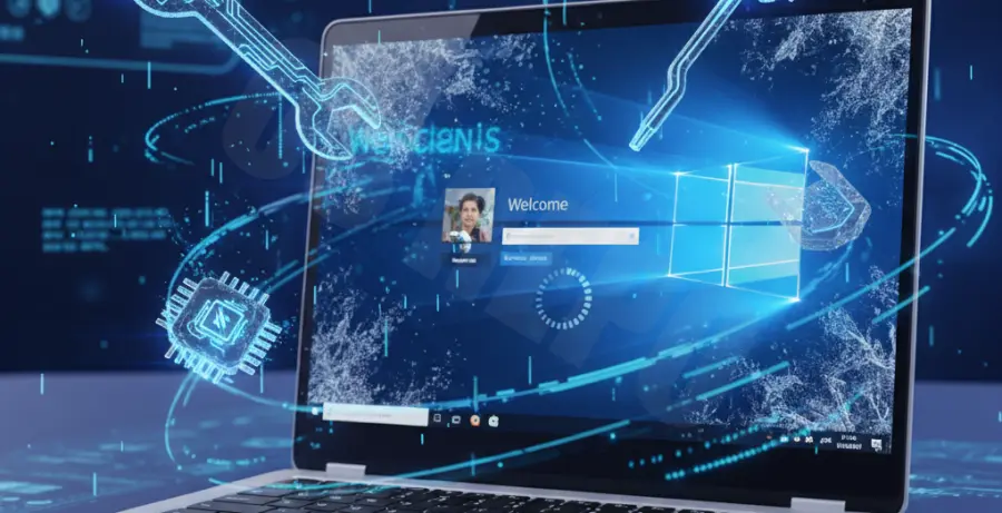 Windows 10 login screen frozen troubleshooting illustration.