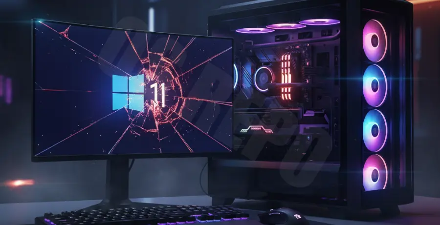 Windows 11 gaming crash troubleshooting concept image showing a PC monitor.