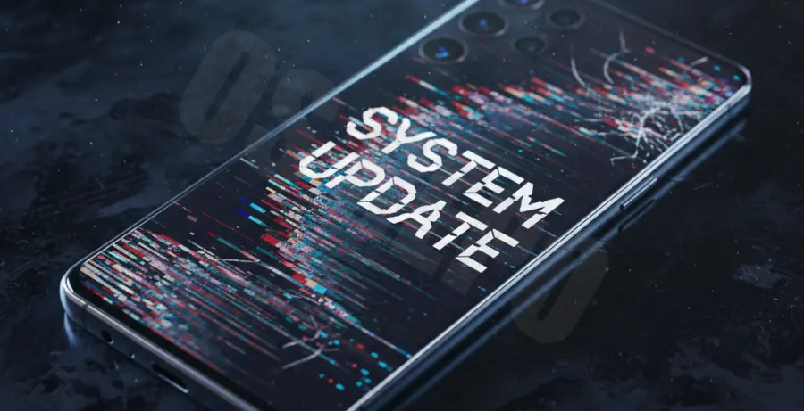 Samsung Galaxy S25 Ultra showing a software update glitch and system crash interface.