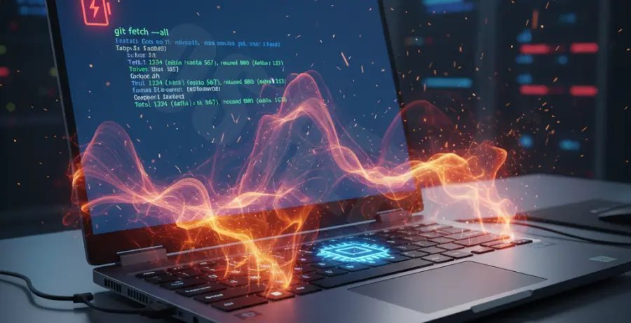 Laptop screen showing high CPU usage from git fetch background processes draining battery.