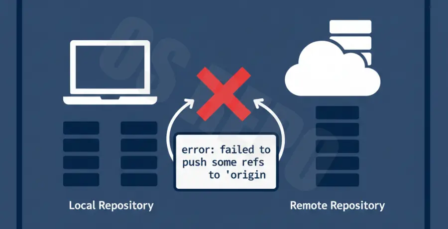 Technical diagram illustrating a Git non-fast-forward error between local and remote repositories.