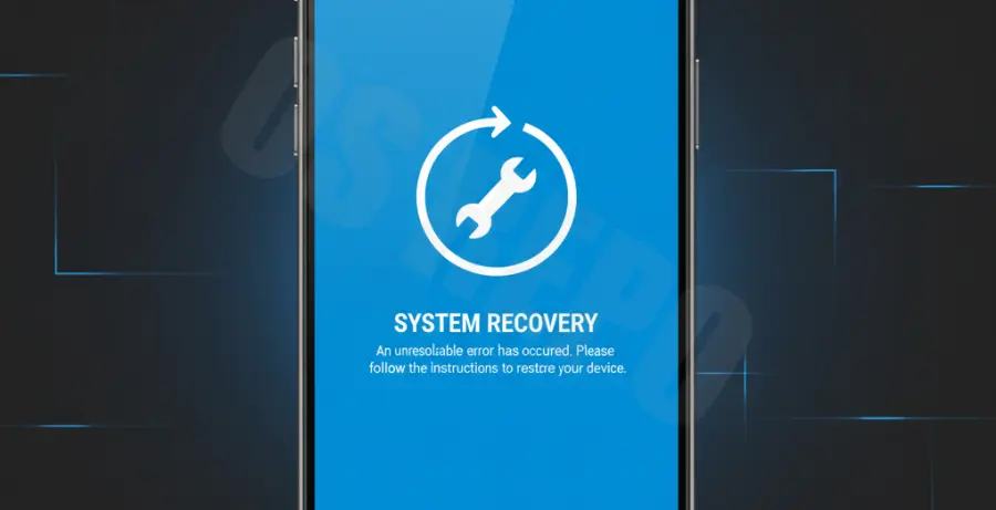 Android 15 Blue Screen of Death recovery screen on a smartphone.