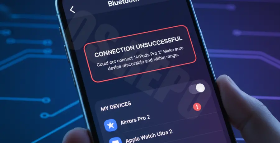 iPhone 16 Pro Bluetooth cache clearing and pairing failed error screen.