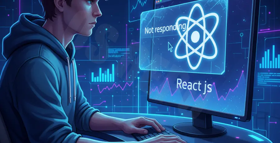 A diagnostic view of a frozen React application with Chrome DevTools performance tab open.