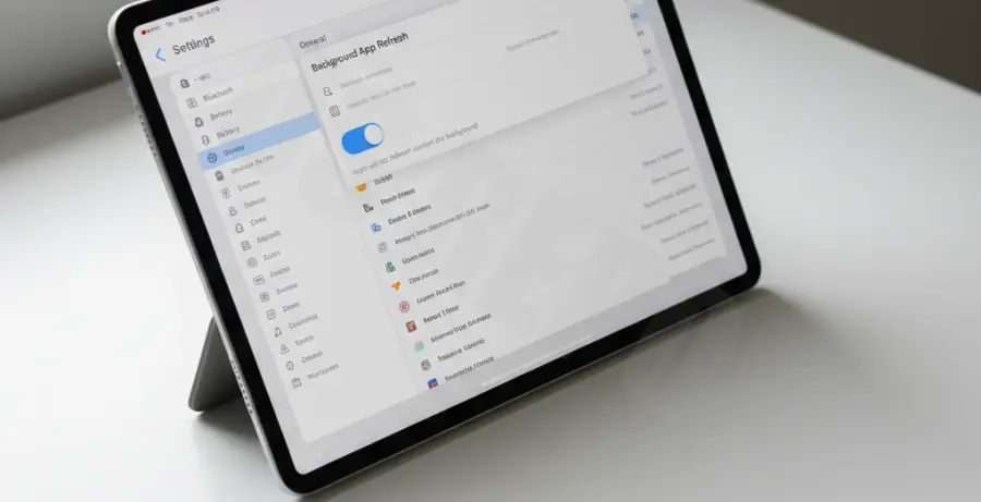 A close-up of an iPad Pro screen showing the settings menu where Background App Refresh is being disabled to improve performance.