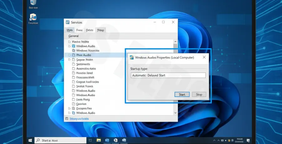 Windows Server 2022 services management window showing audio service configuration.