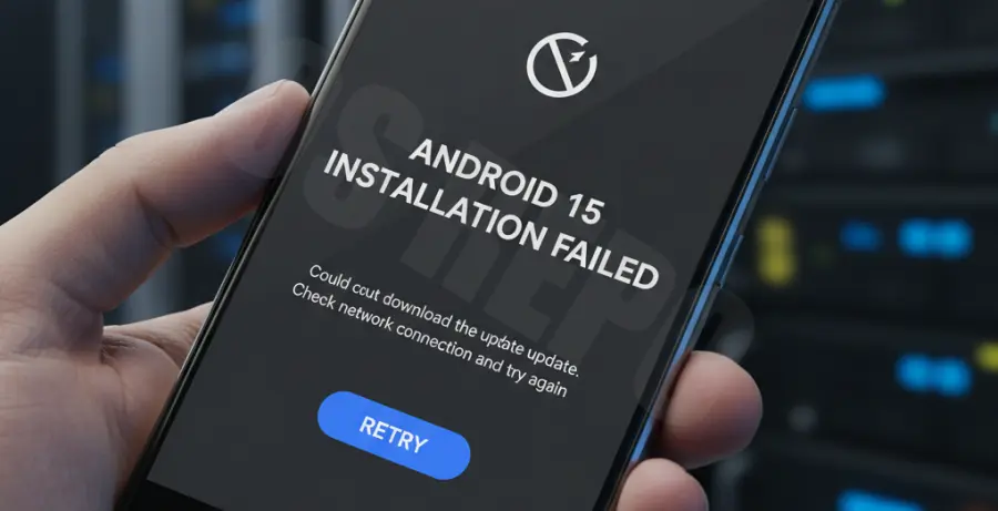 Android 15 update failed network error message on a mobile screen.