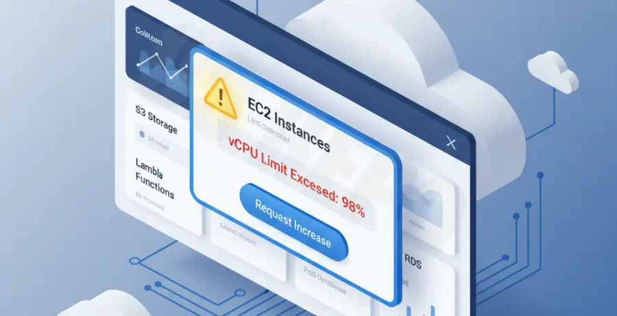 AWS Service Quotas dashboard interface showing vCPU limit increase request screen.