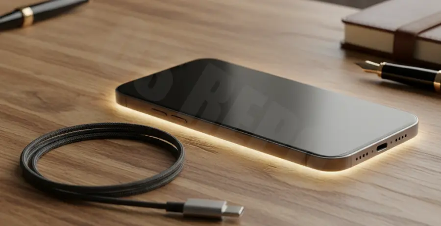 iPhone 16 Pro with a black screen on a desk.