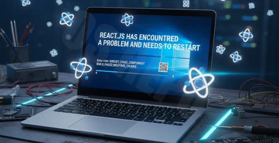 A laptop displaying a Windows Blue Screen of Death error during a React.js code build process.