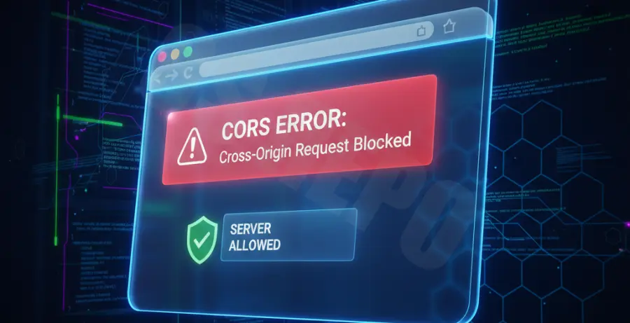 Cross-Origin Request Blocked CORS error fix illustration showing headers and server communication.