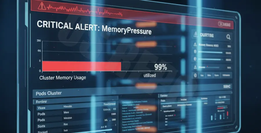 Kubernetes dashboard showing high memory usage alerts and OOMKilled events on a cluster node.