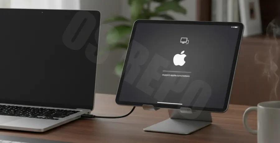 iPad Pro in recovery mode connected to a laptop to fix error 1110.