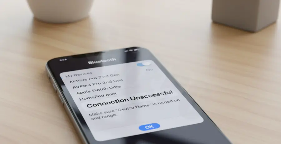 iPhone 16 Pro Bluetooth pairing failed error message on screen.