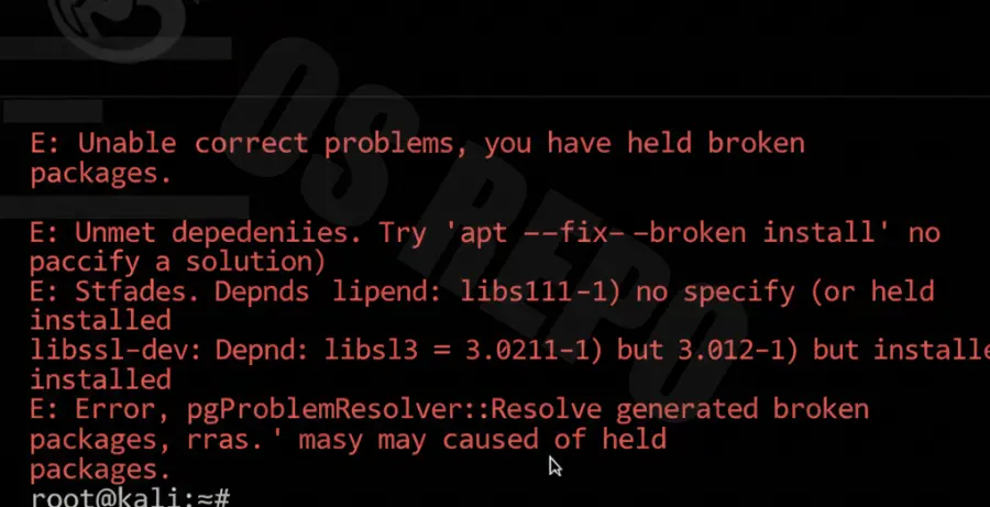 A Kali Linux terminal window showing unmet dependency errors and failed update logs.