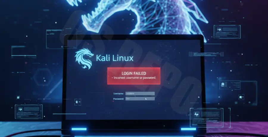 Kali Linux login screen showing incorrect password error message.
