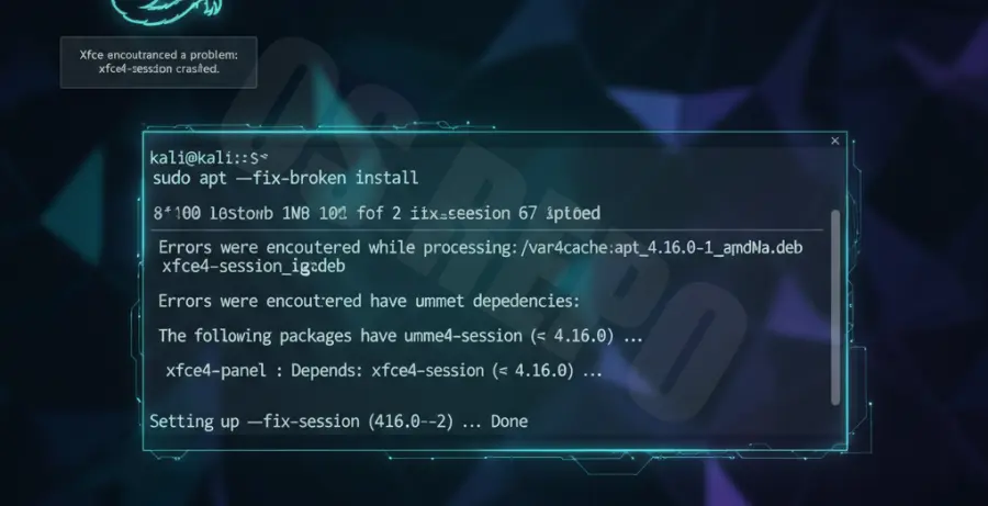 Troubleshooting Kali Linux XFCE desktop environment crash using the terminal.