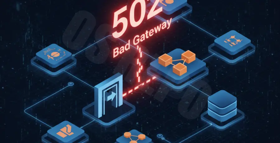 Diagram showing a Kubernetes Ingress 502 Bad Gateway error between the controller and the backend service.