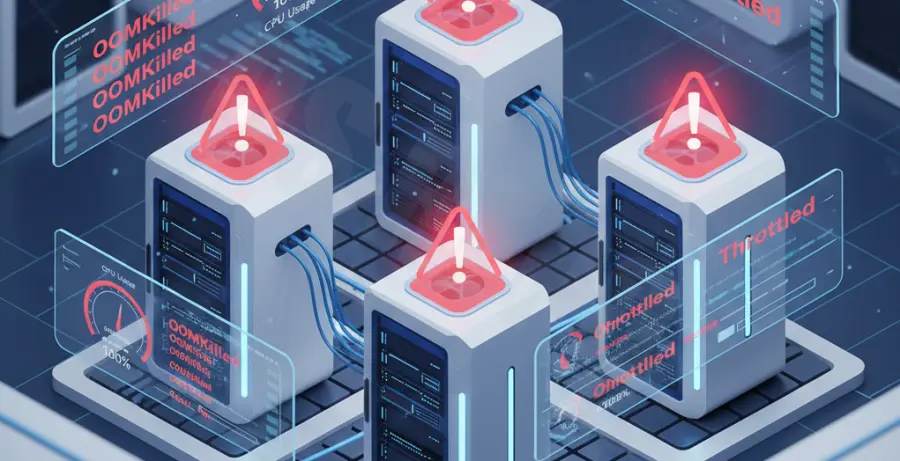 Kubernetes resource limit contention troubleshooting guide showing CPU and memory gauges.